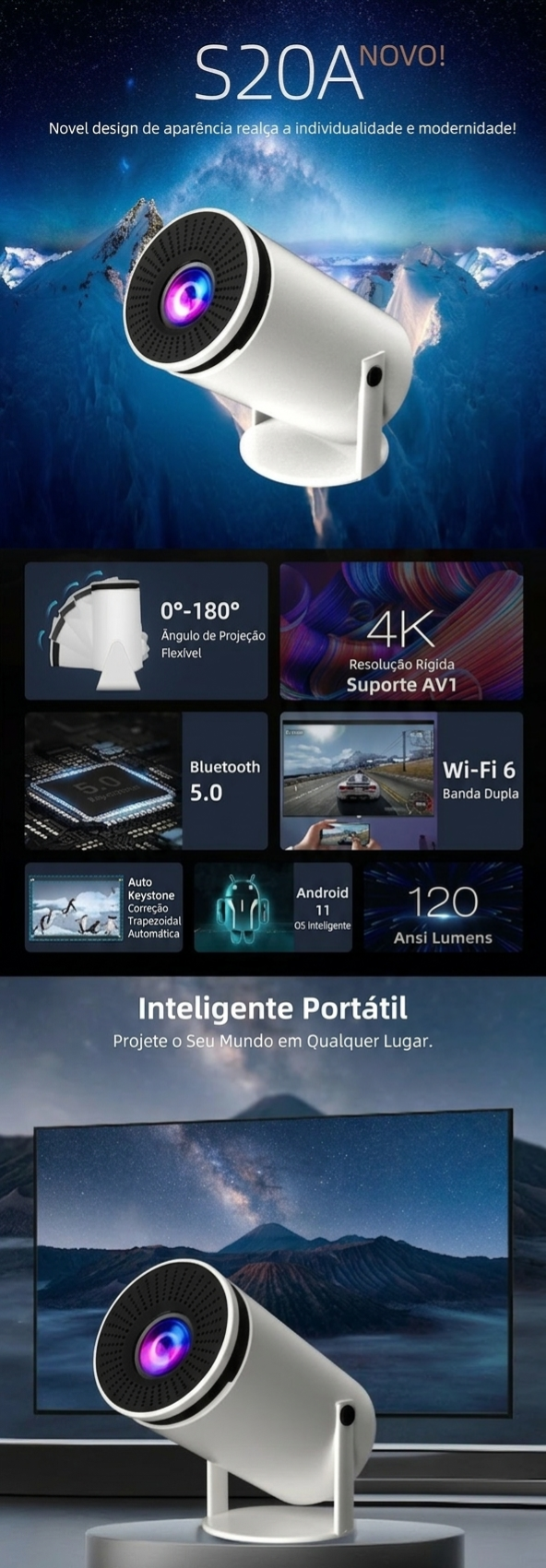 CinemaPro™ HY300 - Mini Projetor Smart 4K com Android 11 e Wi-Fi 6
