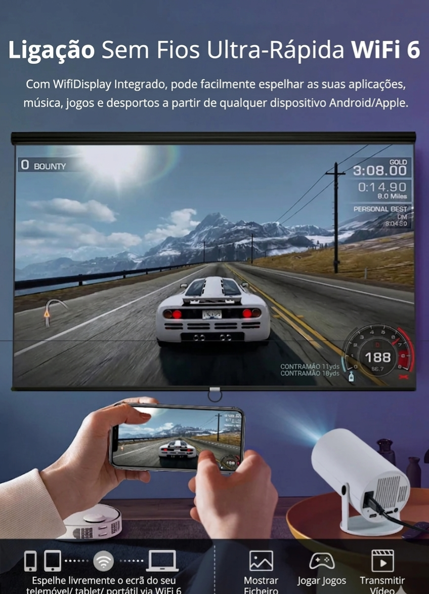 CinemaPro™ HY300 - Mini Projetor Smart 4K com Android 11 e Wi-Fi 6