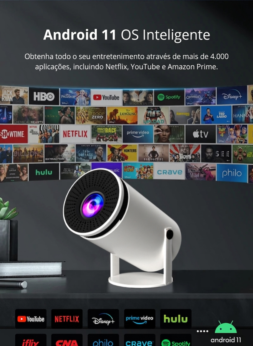 CinemaPro™ HY300 - Mini Projetor Smart 4K com Android 11 e Wi-Fi 6
